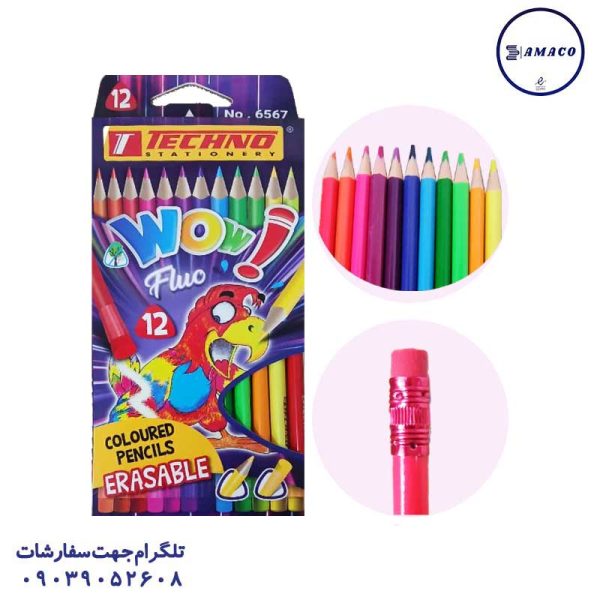 عکس مدادرنگی مداد رنگی 12 مقوا فلورسنت پاکن دار 6567 تکنو