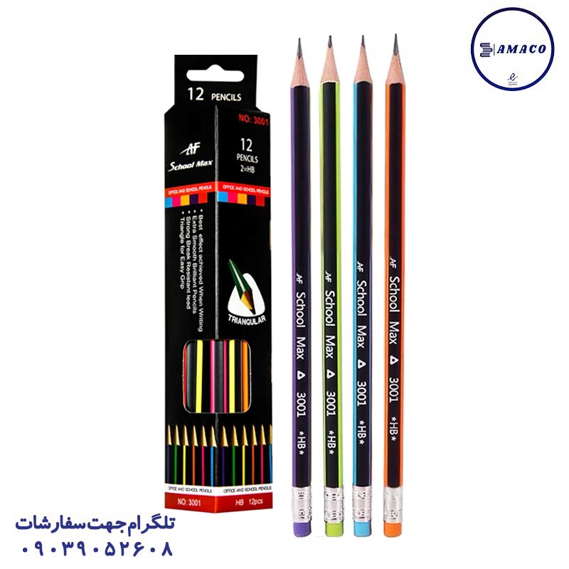 عکس نوشت افزار مداد مشکی 3 گوش پاکن دار کد 3001 اسکول مکس